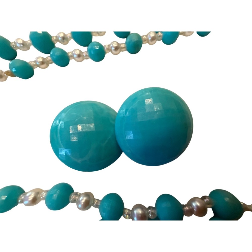 Vintage Hong Kong Turquoise Blue Beaded Necklace and Clip On Earrings Set '50s